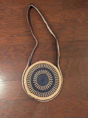 Hand Crafted Navy and Natural Round Woven Crossbody